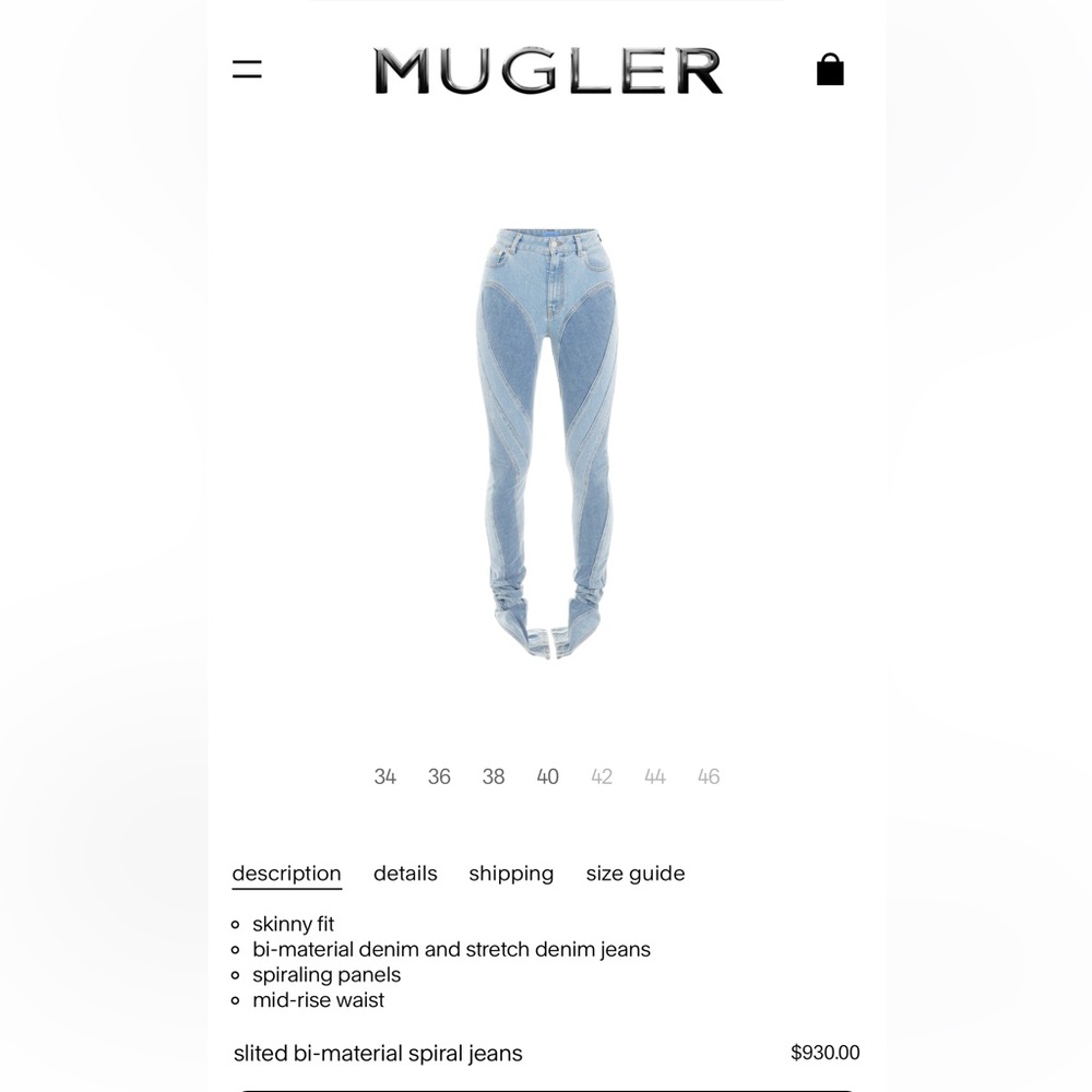 MUGLER - BRAND NEW W/TAGS - BI Material Spiral Jeans - Medium Blue